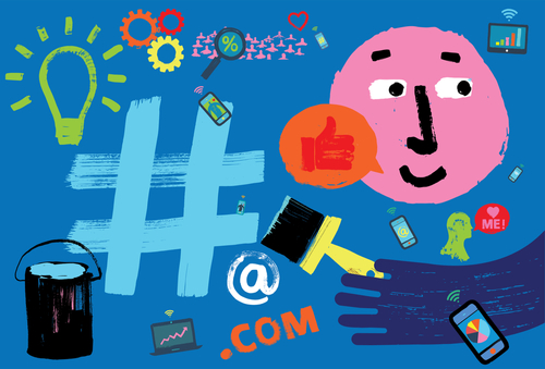 Cartoon-Gesicht, Symbole für soziale Medien und Wireless-Geraete, Handfarben Hashtag, Grunge-Textur, blauer Hintergrund, Illustration, Generation Z, Marketing, Moin Future, Ausbildung in der Region